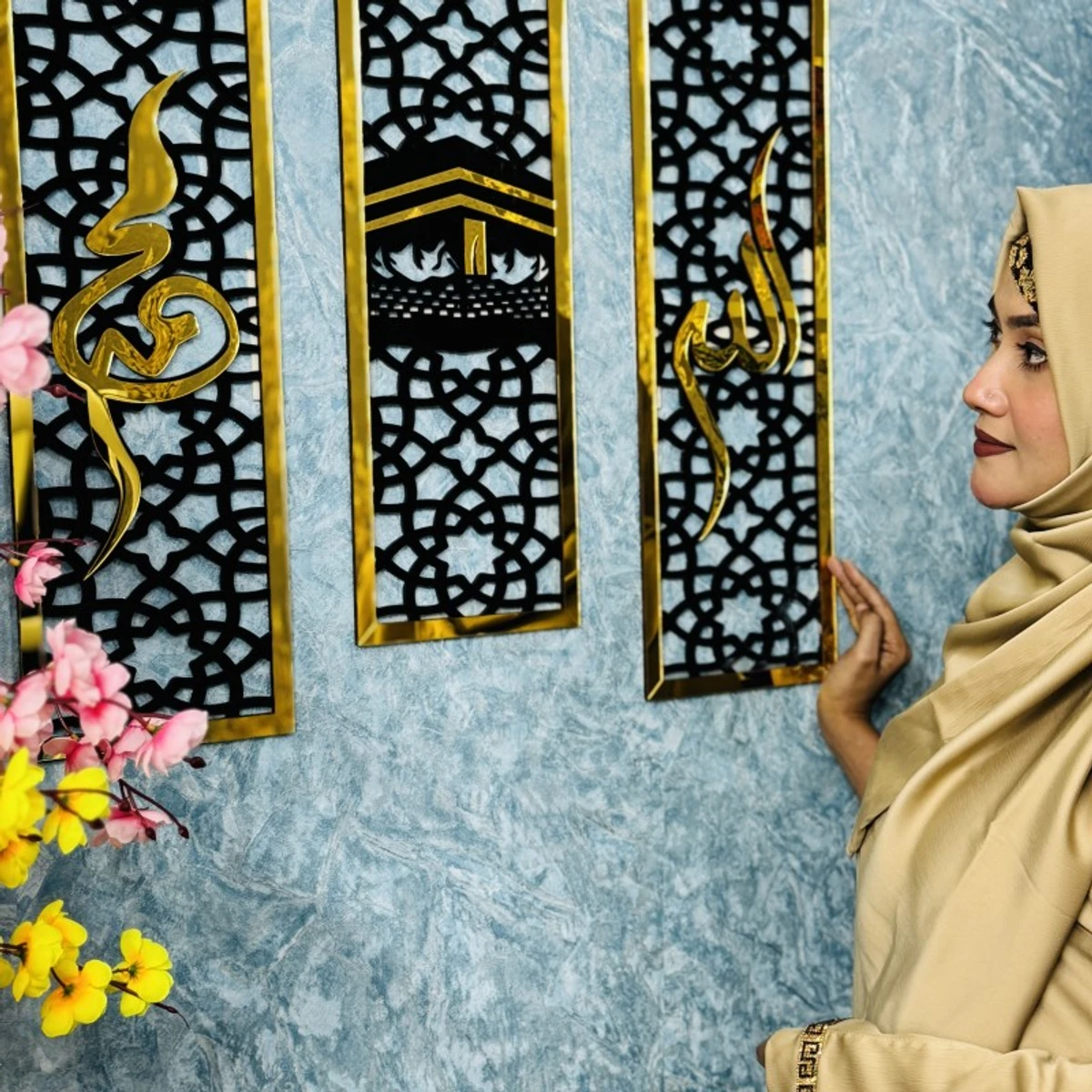 3-Piece Luxury Islamic Mirror Set – Kaaba - Allah Calligraphy in Golden Mirror Acrylic