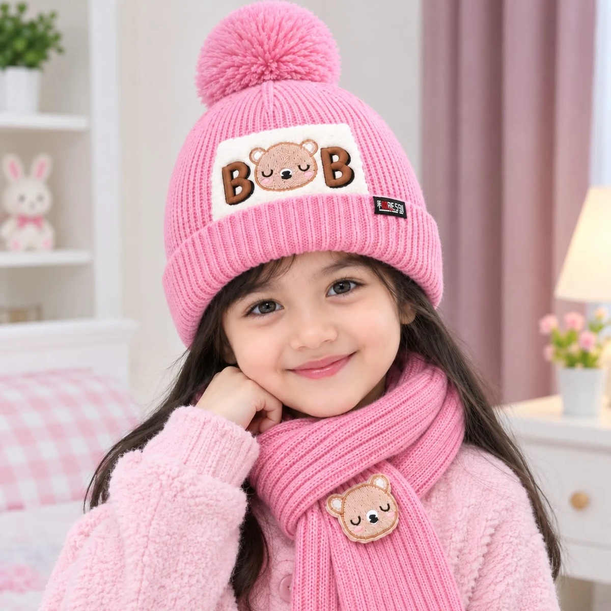 Baby Winter Cap With Maflar Boys & Girls(Pink)
