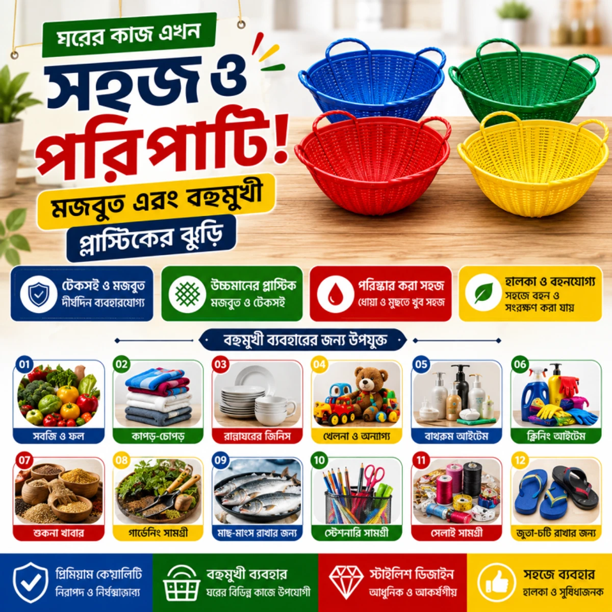 (মাঝারি সাইজের ) ৬ পিস টেকসই মাল্টিপারপাস প্লাস্টিক ঝুড়ি