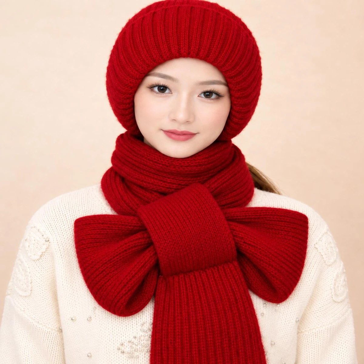 NEW Winter Protection Windproof Cap with Scarf (Red)