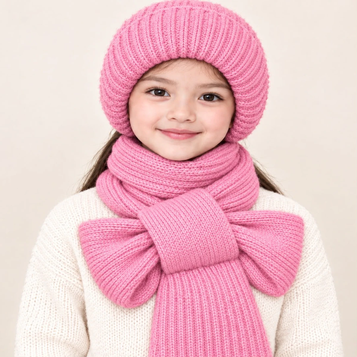 ১-১২ বছরের মেয়ে বাচ্চাদের Winter Cap With Scarf (Pink Colour)