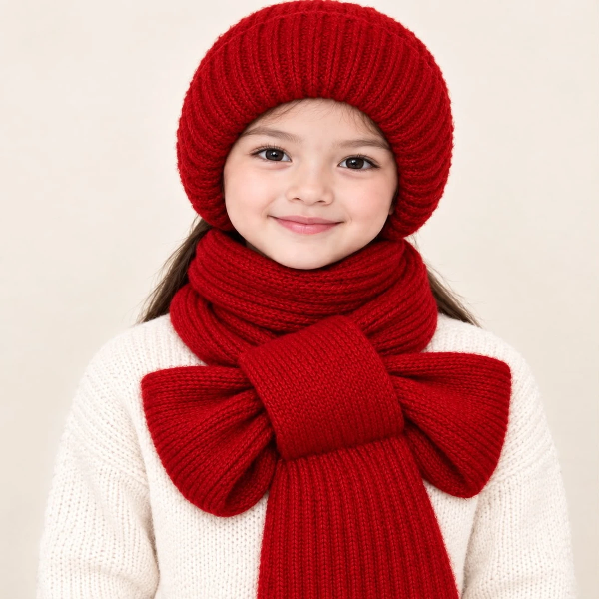 ১-১২ বছরের মেয়ে বাচ্চাদের Winter Cap With Scarf (Red Colour)