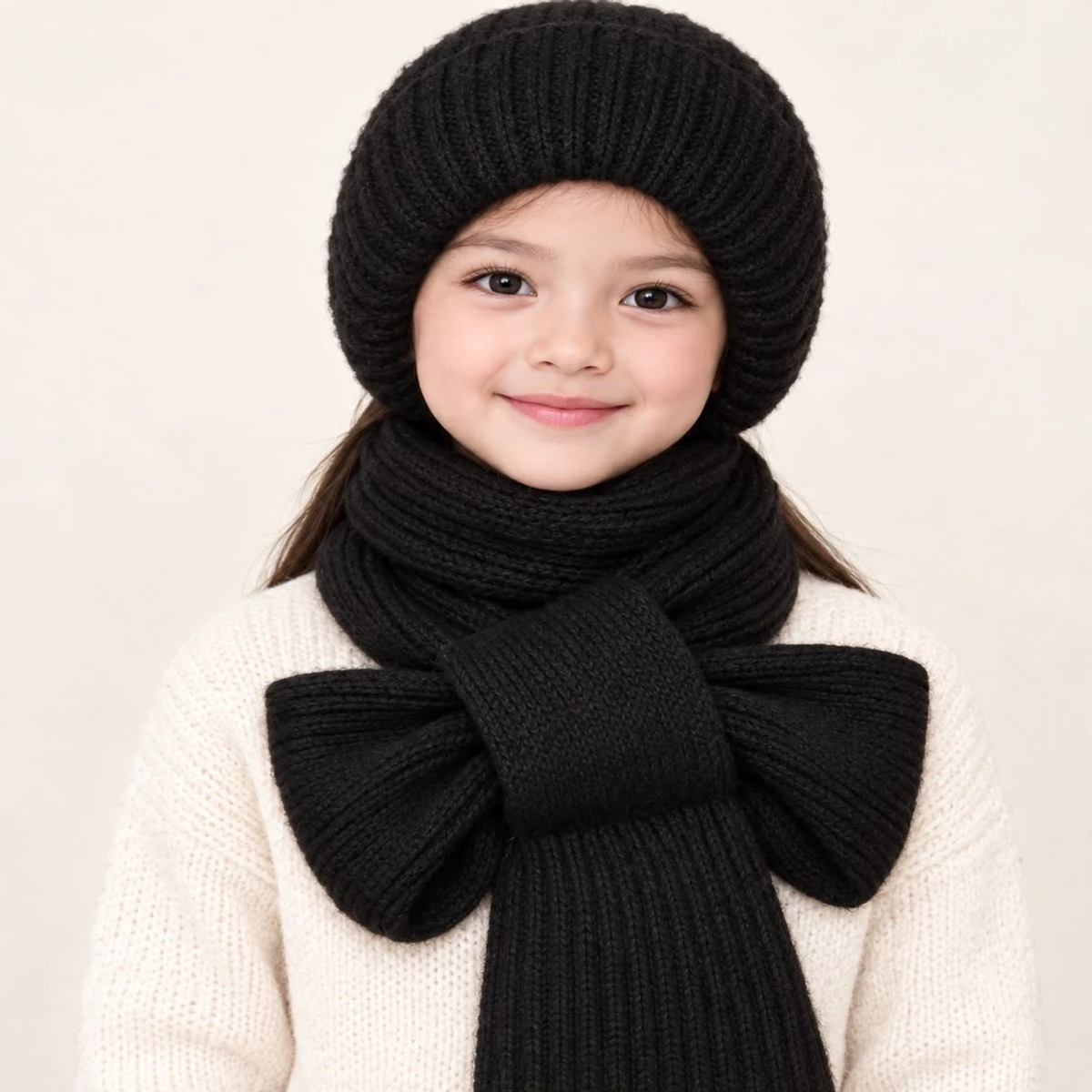 ১-১২ বছরের মেয়ে বাচ্চাদের Winter Cap With Scarf (Black Colour)