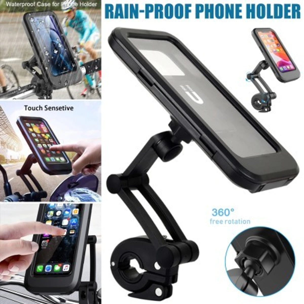 Motorcycle bike handlebar 360 rotation waterproof mobile phone holder adjustable extendable rack mount touch screen holder