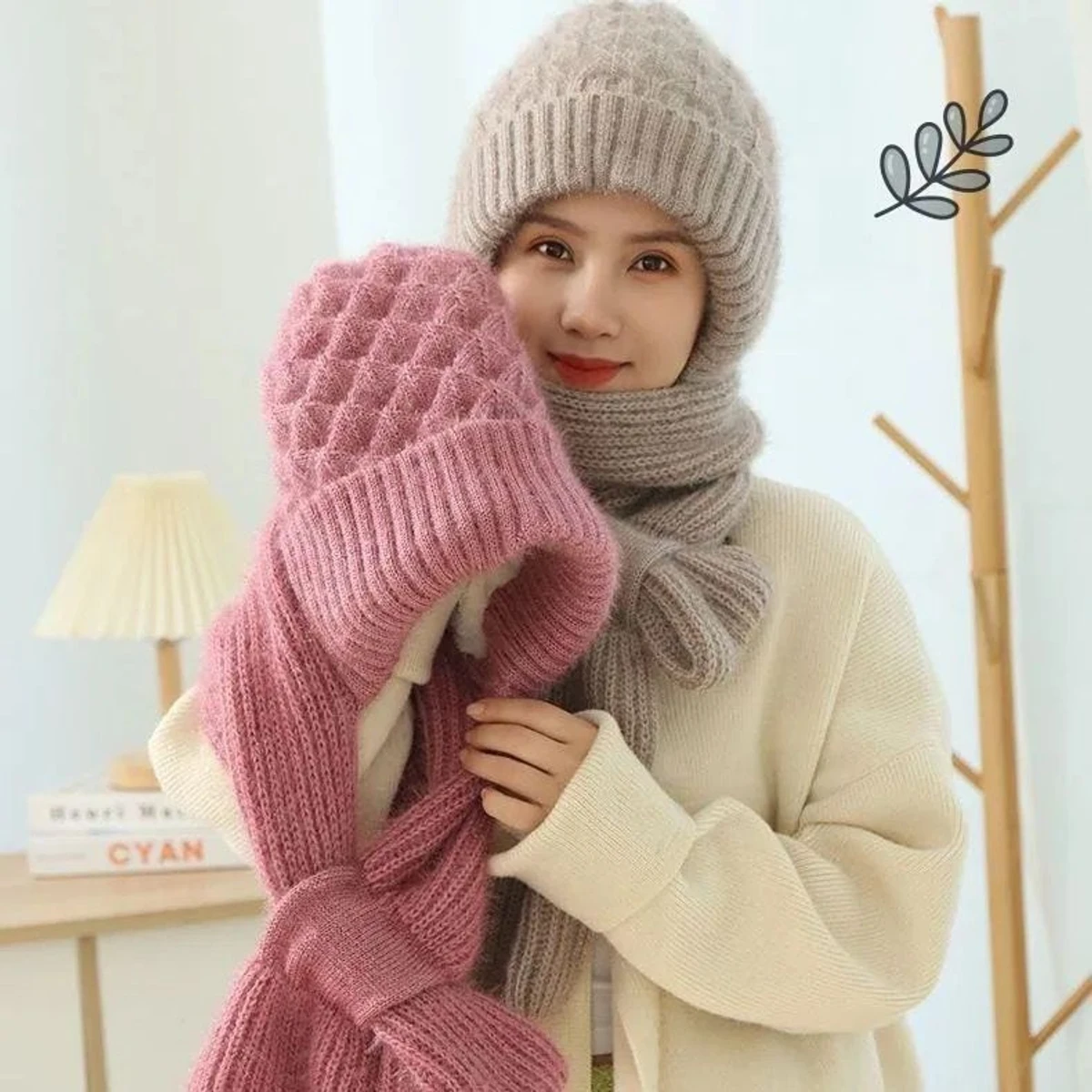 Winter Protection Windproof Cap with Scarf (pink)