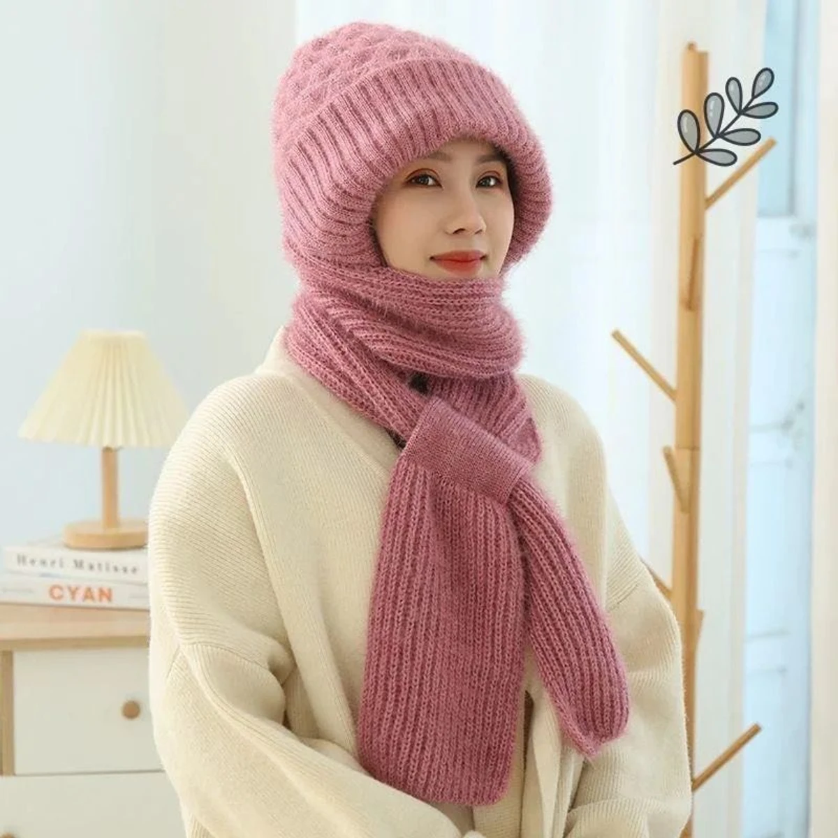 Winter Protection Windproof Cap with Scarf (pink)