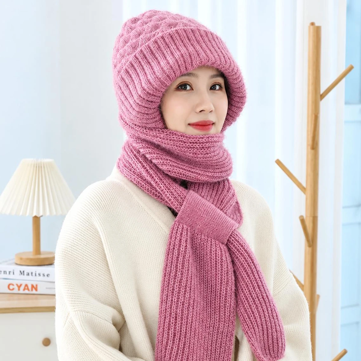Winter Protection Windproof Cap with Scarf (pink)