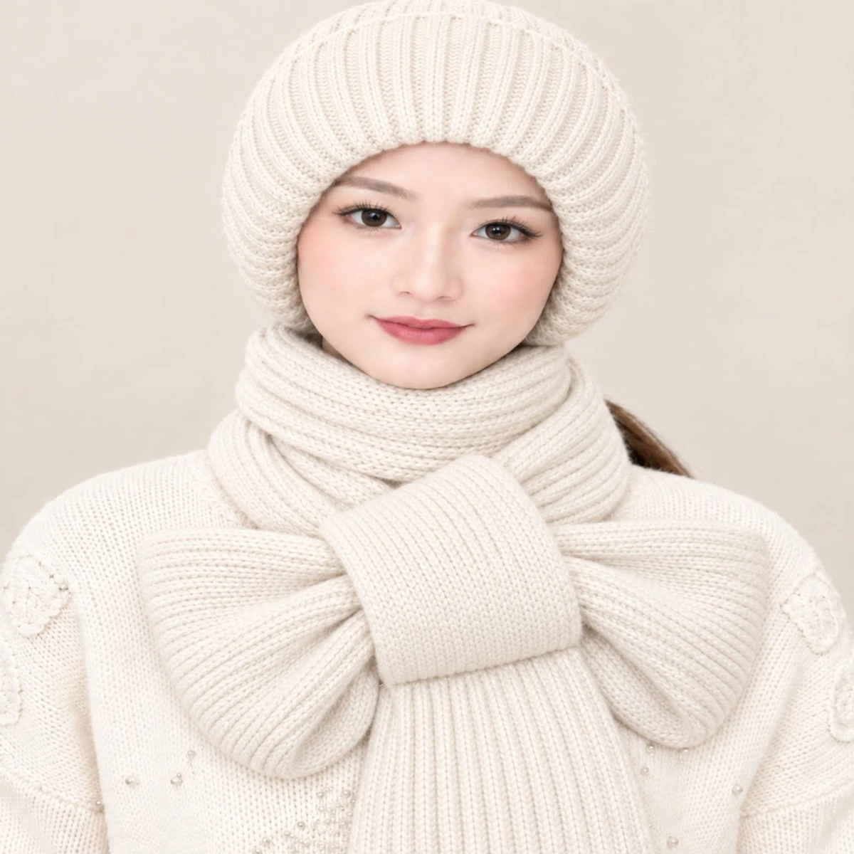 NEW Winter Protection Windproof Cap with Scarf (off white)