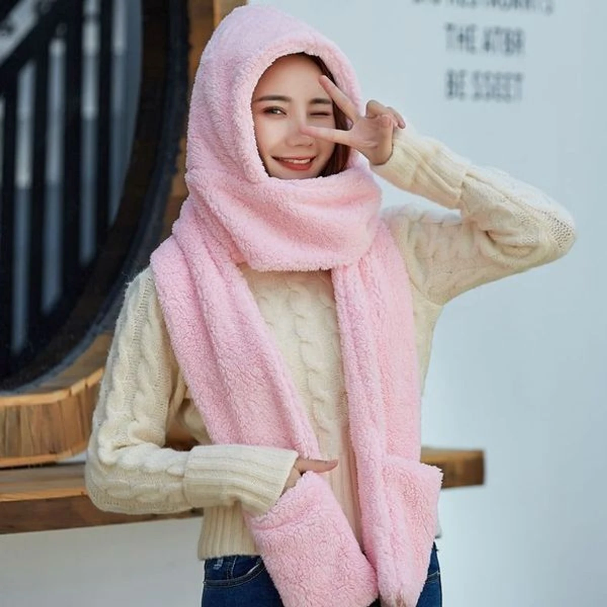 2 in 1 Winter  Cap with Hand Pocket(pink)